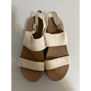 Skechers Luxe Foam Sz 8 Beige Blue Platform Espadrille Velcro Faux Buckle Entry